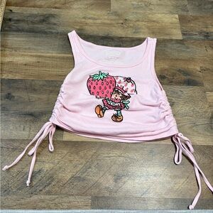 🍓 Strawberry Shortcake Pink Crop Tank Top | Medium | Ruched Drawstring Y2K Top